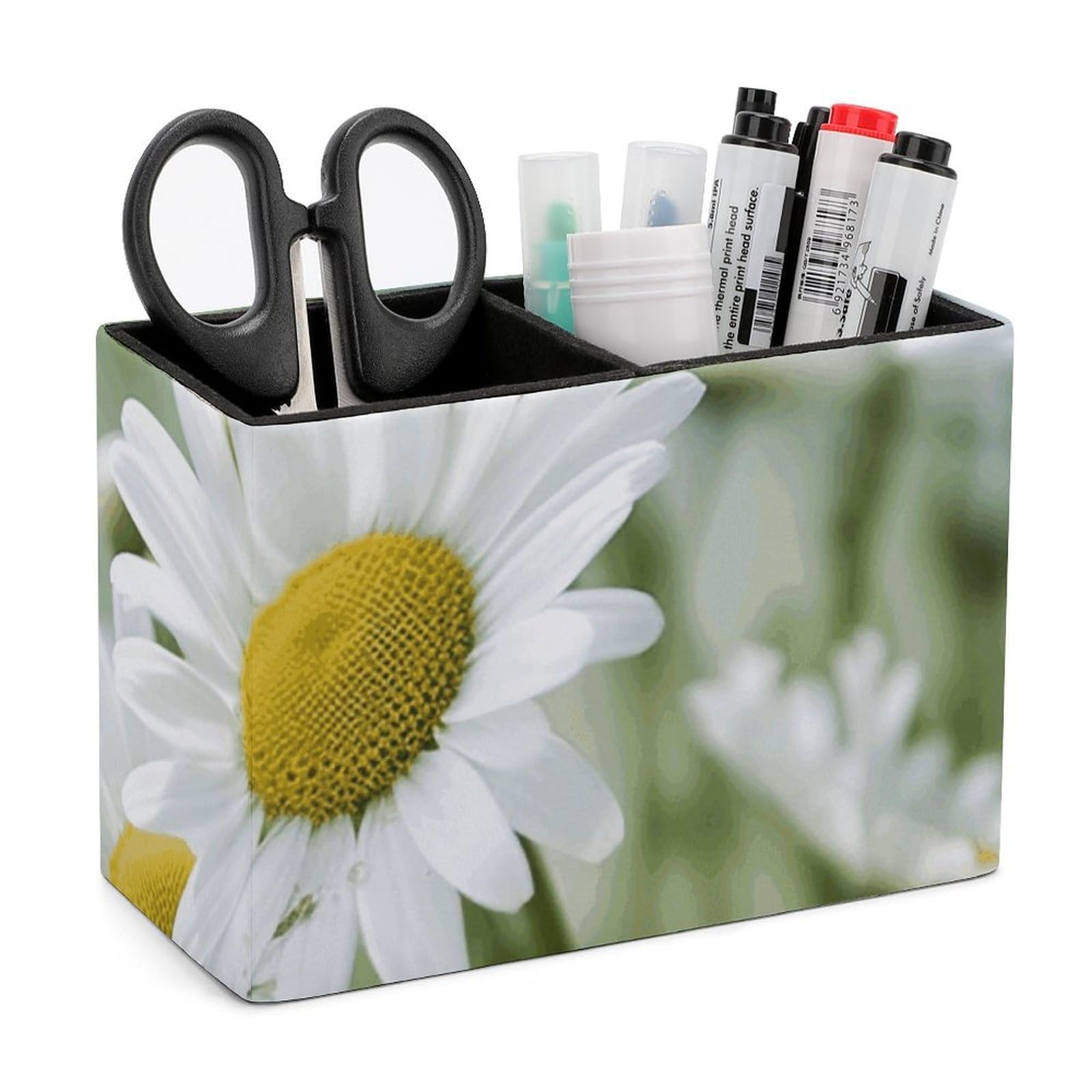 JTREHY Daisies Flower Pencil Holder Exquisite Fashion Leather Pen Receptacle Soft High-End Pen Container for Office Home Accessories Or Housewarming Present