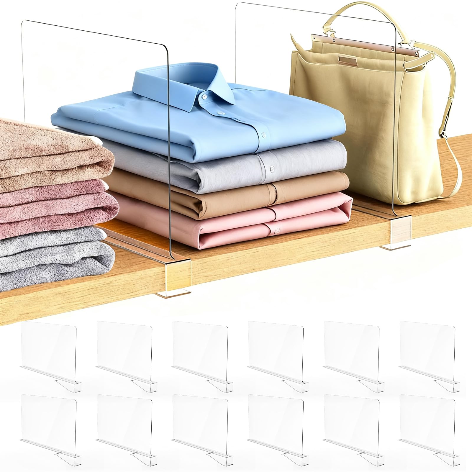 Lot de 12 séparateurs d'étagère, organiseurs de placard en acrylique transparent et étagères de rangement pour sac à main, vêtements, pulls, cuisine, chambre à coucher, armoire en bois,