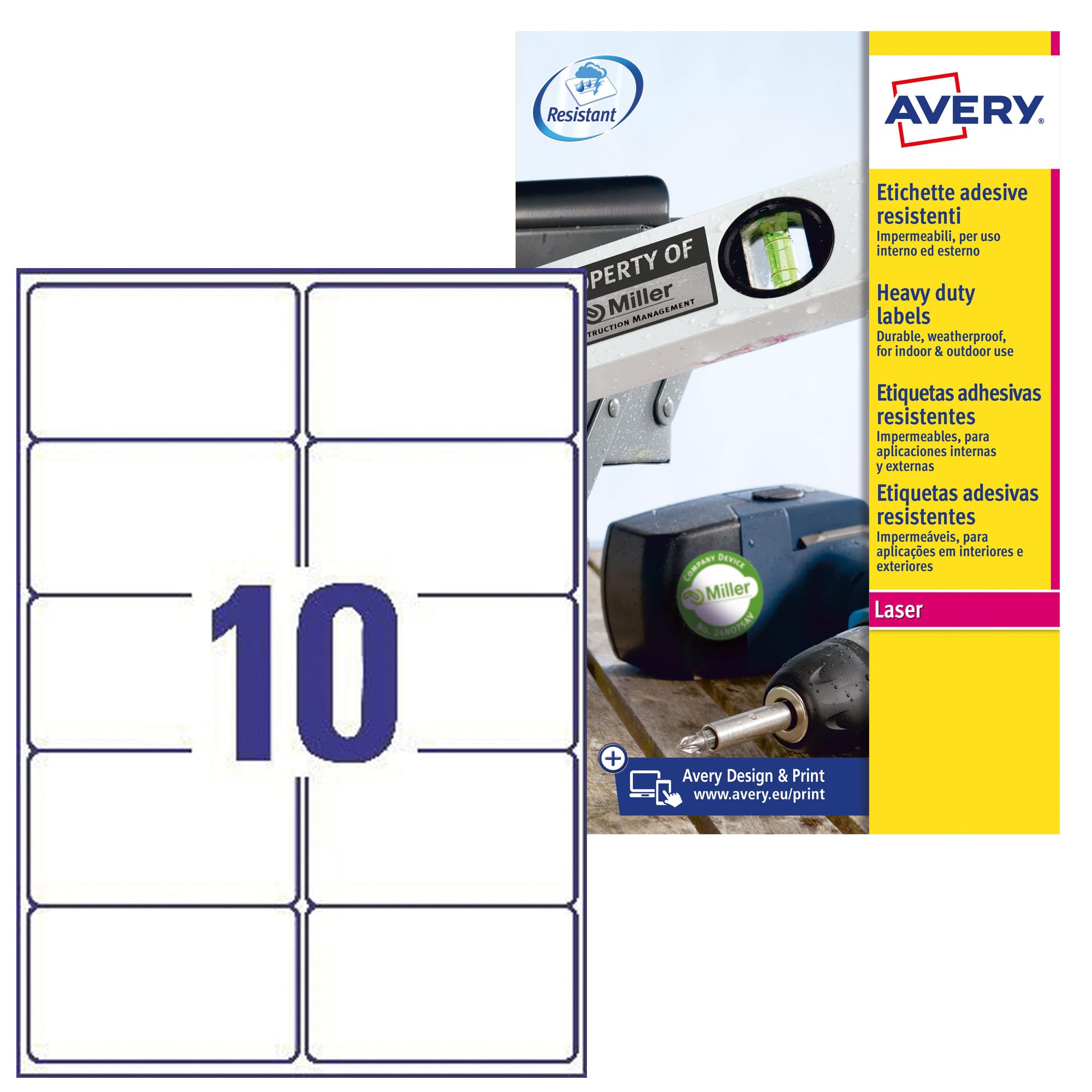 Avery Italia L7992-25 Etichette adesive in poliestere bianco resistente, 25 fogli A4, rettangolari 99,1x57mm, 10 etichette per foglio, adesivo permanente, stampanti laser