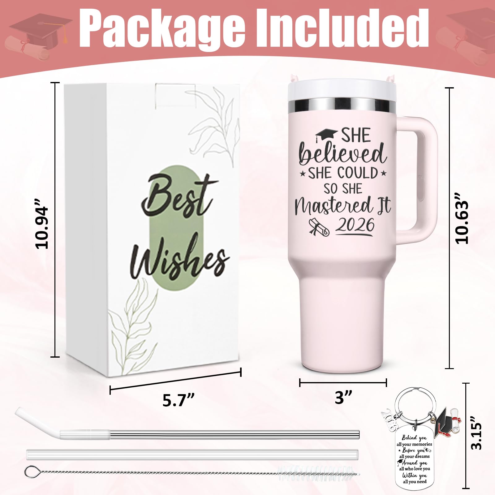 Lifecapido Graduation Gifts for Her, She Believed She Could So She Mastered It 2026 40oz Tumbler with Key Chain, College Masters Degree Graduation Gifts for Graduates Friends Classmates, Rose Quartz