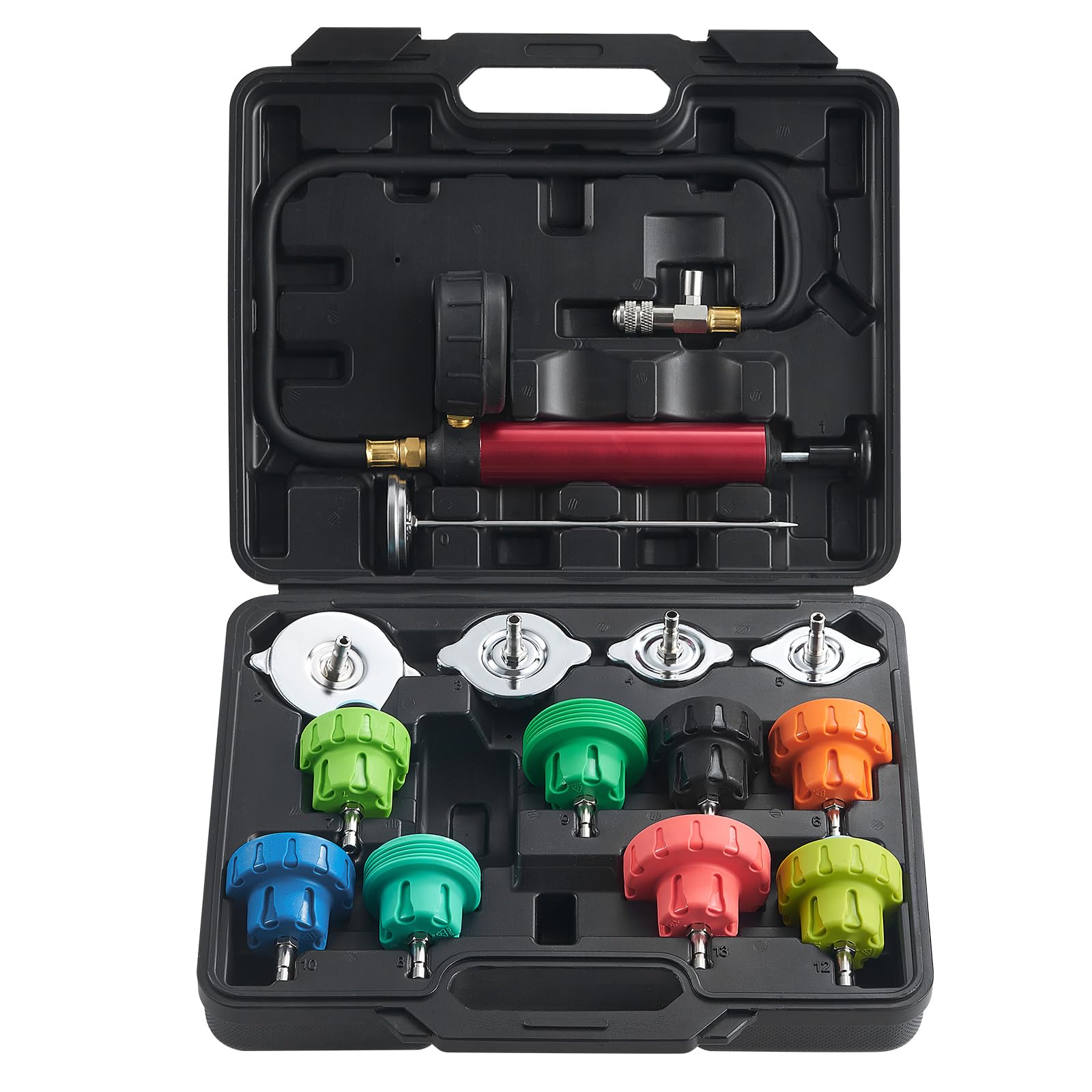 VEVOR Kit Tester Universale per Pressione di Sistema Raffreddamento del Radiatore con Adattatori per Pompa a Mano Tappi Codificati a Colori, Strumenti per Pressione con Valigetta per Auto Moto Camion