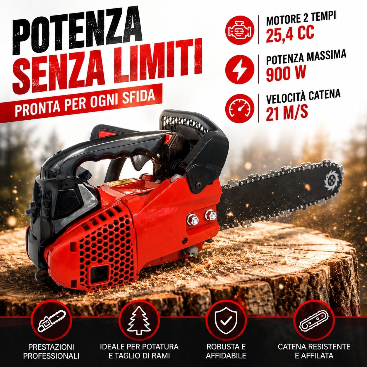 Motosega a Scoppio 25,4CC 900W Barra 25 cm per Potatura Motore 2 Tempi Catena 3/8" Lubrificazione Automatica Sistema Antivibrazione Ideale per Taglio Legna, Rami e Giardinaggio