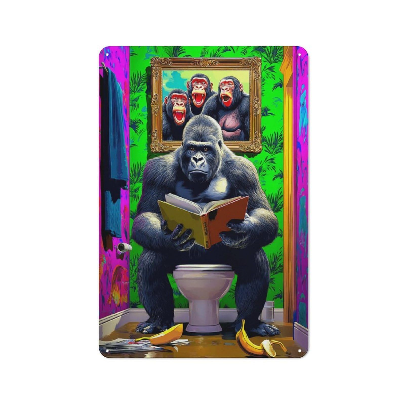 Junmoney Gorilla Reading In Colorful Bathroom Metal Sign 30X20cm, Vintage Bar Wall Plaque For Diner, Restaurant, Shed Or Kitchen