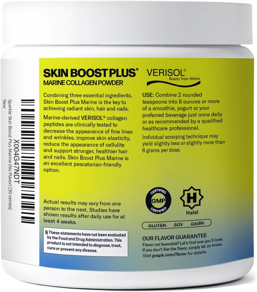 Sparkle Wellness Marine Skin Boost Plus (No Flavor) [30-Serves] | Collagen Powder Supplement with Marine-derived VERISOL Bioactive Hydrolyzed Collagen Peptides, Vitamin C & Hyaluronic Acid