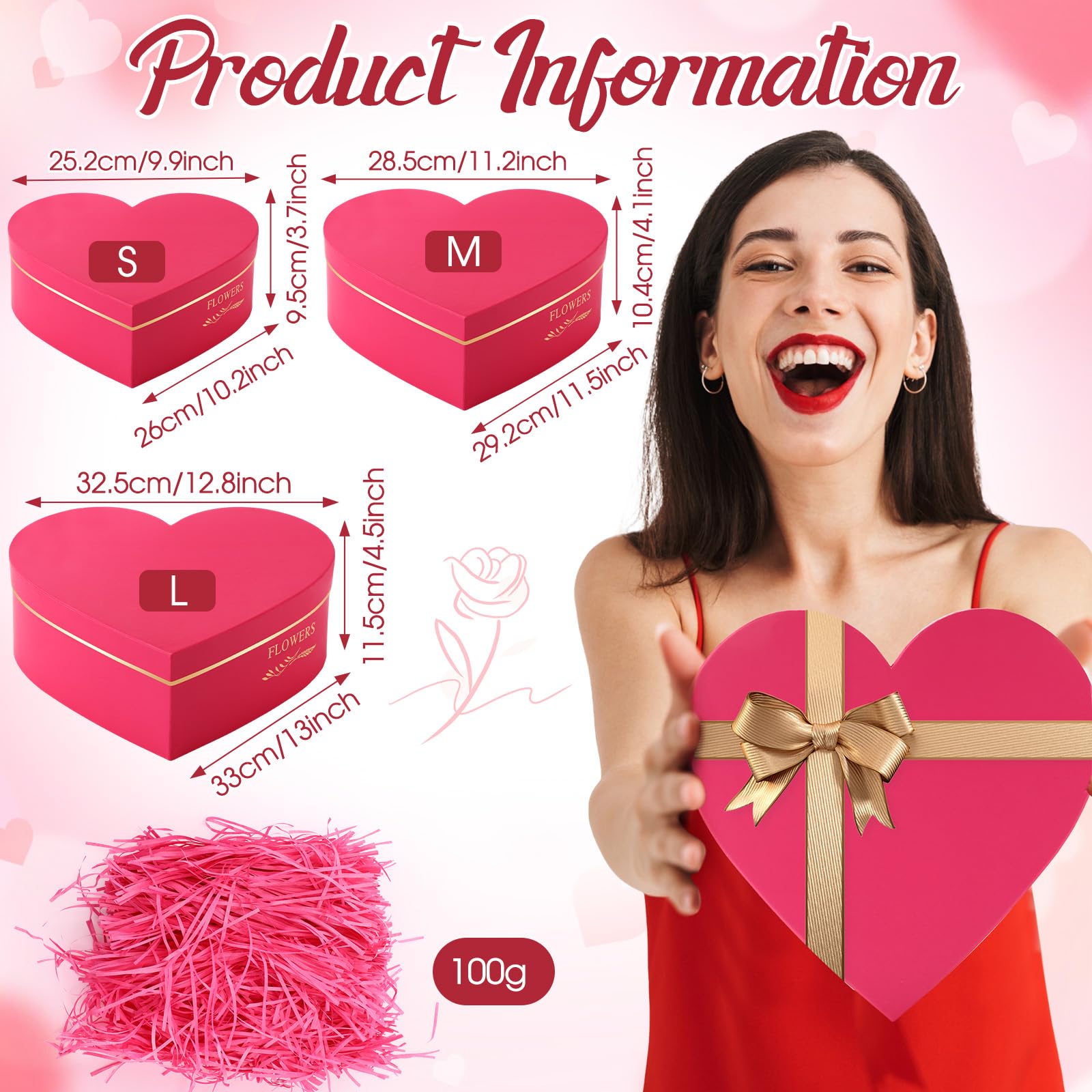 Glenmal Herzförmige Geschenkboxen mit Deckel, 100 g, geschreddertes Papier, stapelbar, Herz-Blumenkästen für Valentinstag, Hochzeit, Geburtstag, Babyparty, Geschenkverpackung, Rosenrot, 3 Stück