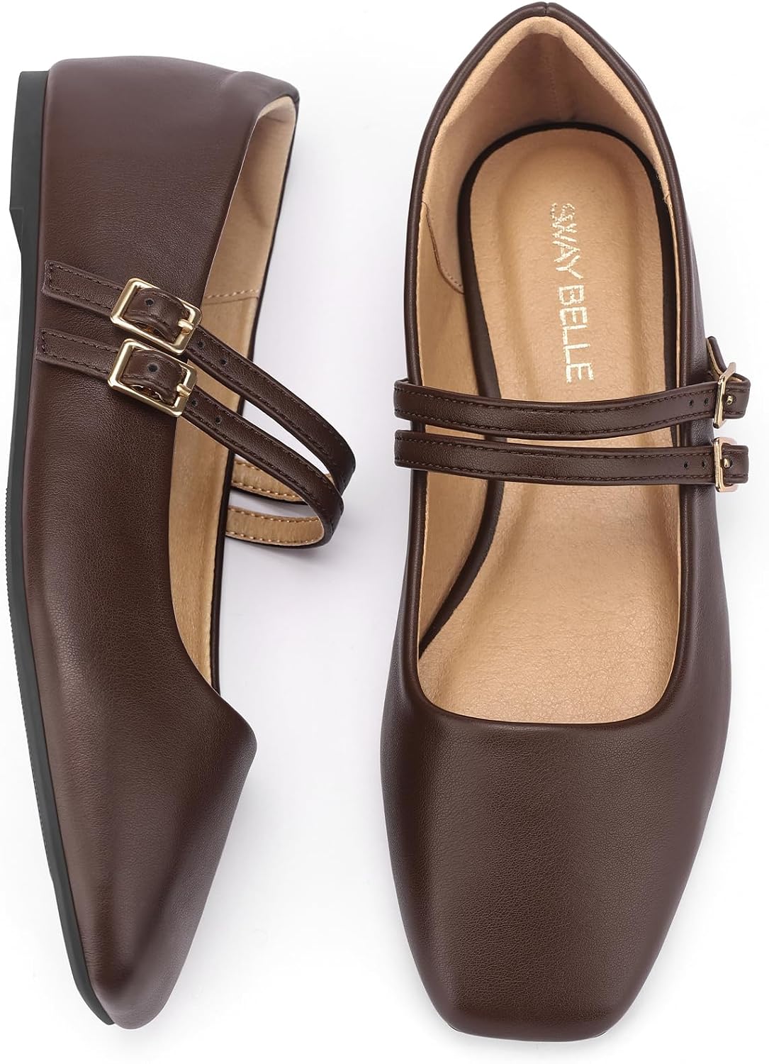 Womens Mary Jane Flats Adjustable Buckle Double Straps Ballet Flats Square Closed Toe Slip On Casual Shoe