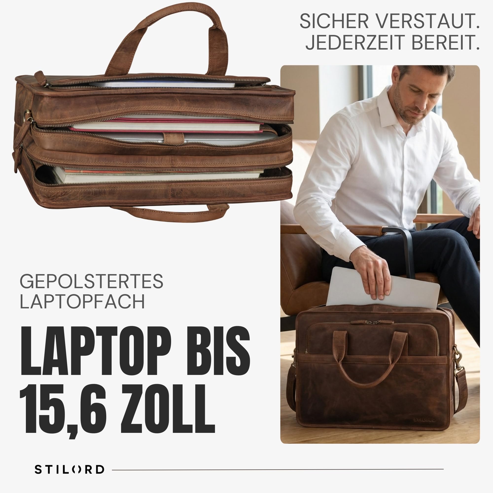 STILORD Paolo Geräumige Aktentasche Herren Leder Arbeitstasche 15,6 Zoll Laptoptasche für Männer Umhängetasche Groß Dokumententasche Große Lehrertasche echtes Rindsleder Farbe:mittel - braun