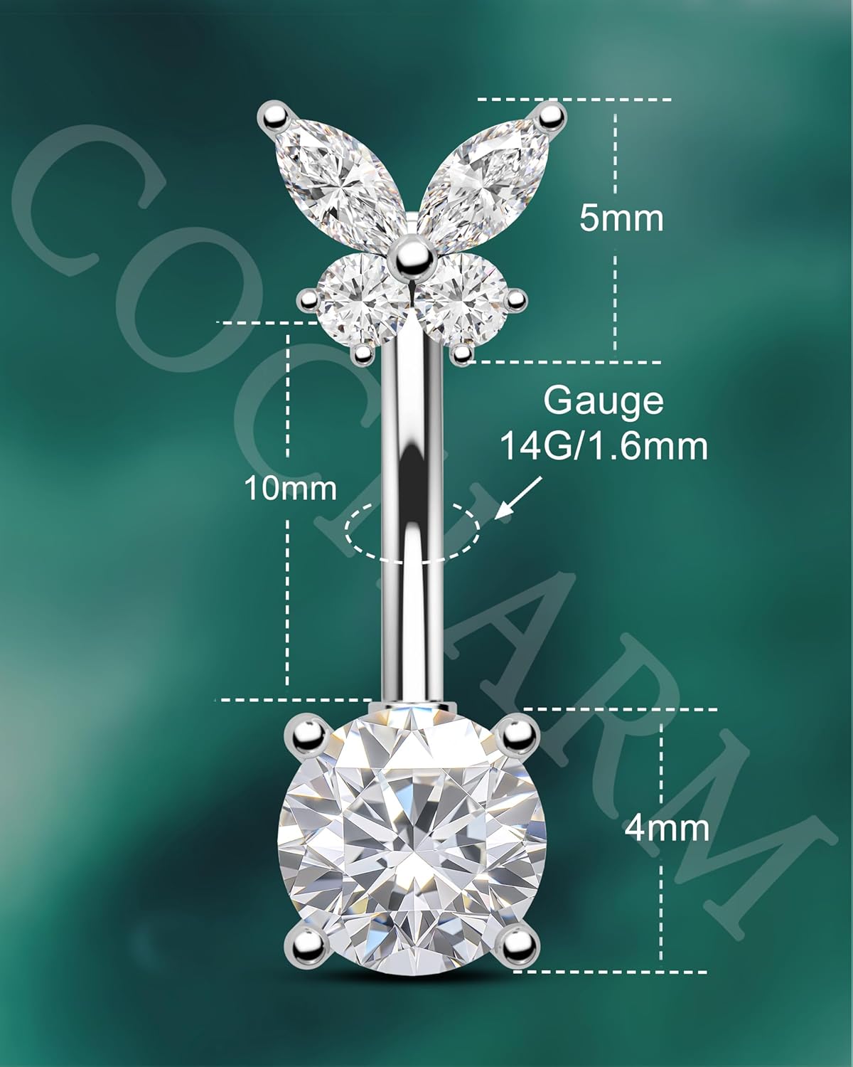 COCHARM 14G Butterfly Belly Button Rings Stud Silver Belly Navel Rings for Women Clear Belly Piercing Jewelry Stainless Steel - Image 3