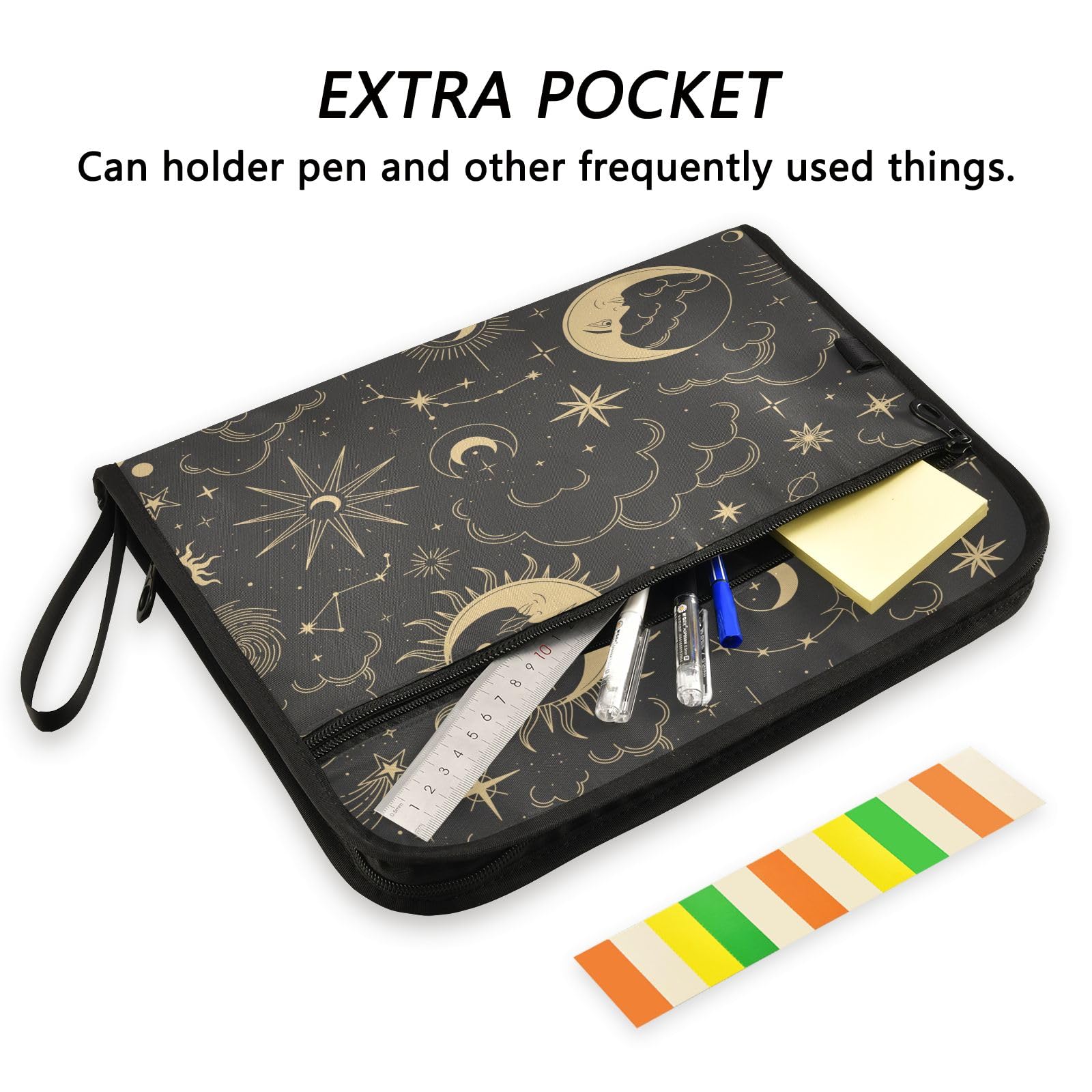 Magic Boho Sun Constellation Moon File Organizer 13 Pocket Expanding File Folder with Front Pouch Portable Business Fire Storage Document Organizer Folder with Zipper - Image 2