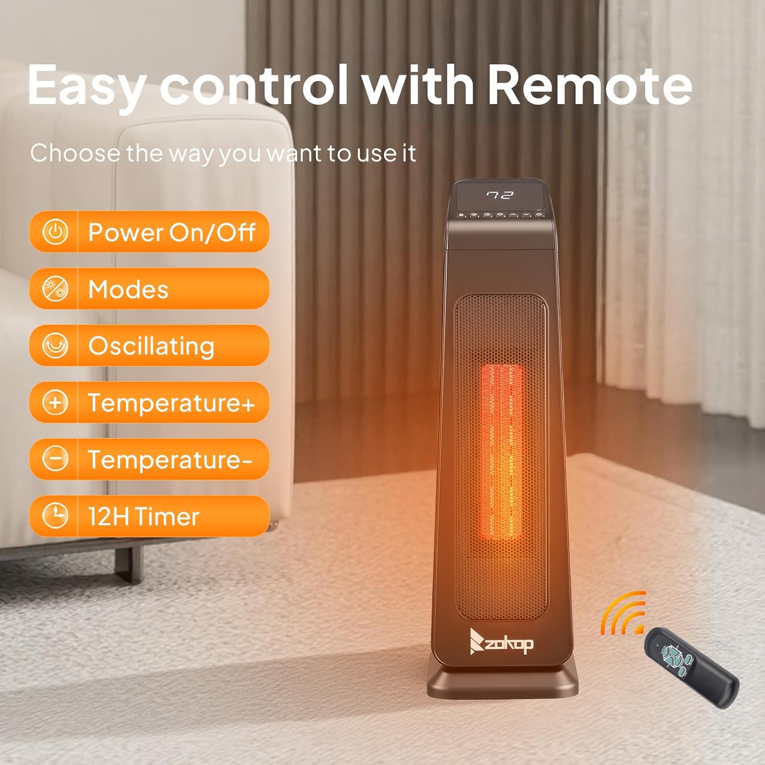 ROVSUN 1500W Tower Heater w/Remote Control, 23''H Electric Space Heater with 50-90℉ Temperature Adjustment & 70° Oscillation, Tip-over & Overheat Protection for Indoor Use Bedroom Living Room, Black