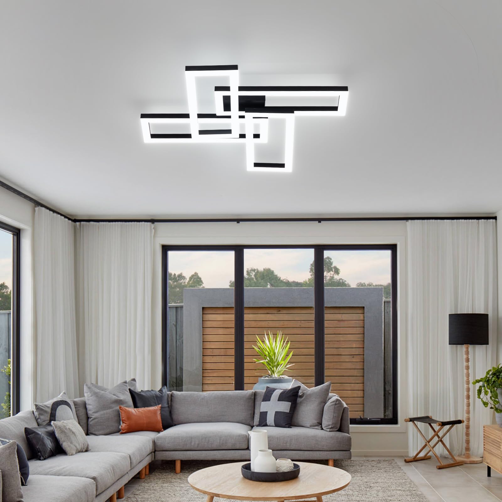 Lampa sufitowa LED, ściemniana, 56 W, 66 cm, czarna, nowoczesna lampa do salonu z pilotem zdalnego sterowania, 3000-6500 K, 4-kwadratowa lampa do sypialni, oświetlenie sufitowe LED, do biura