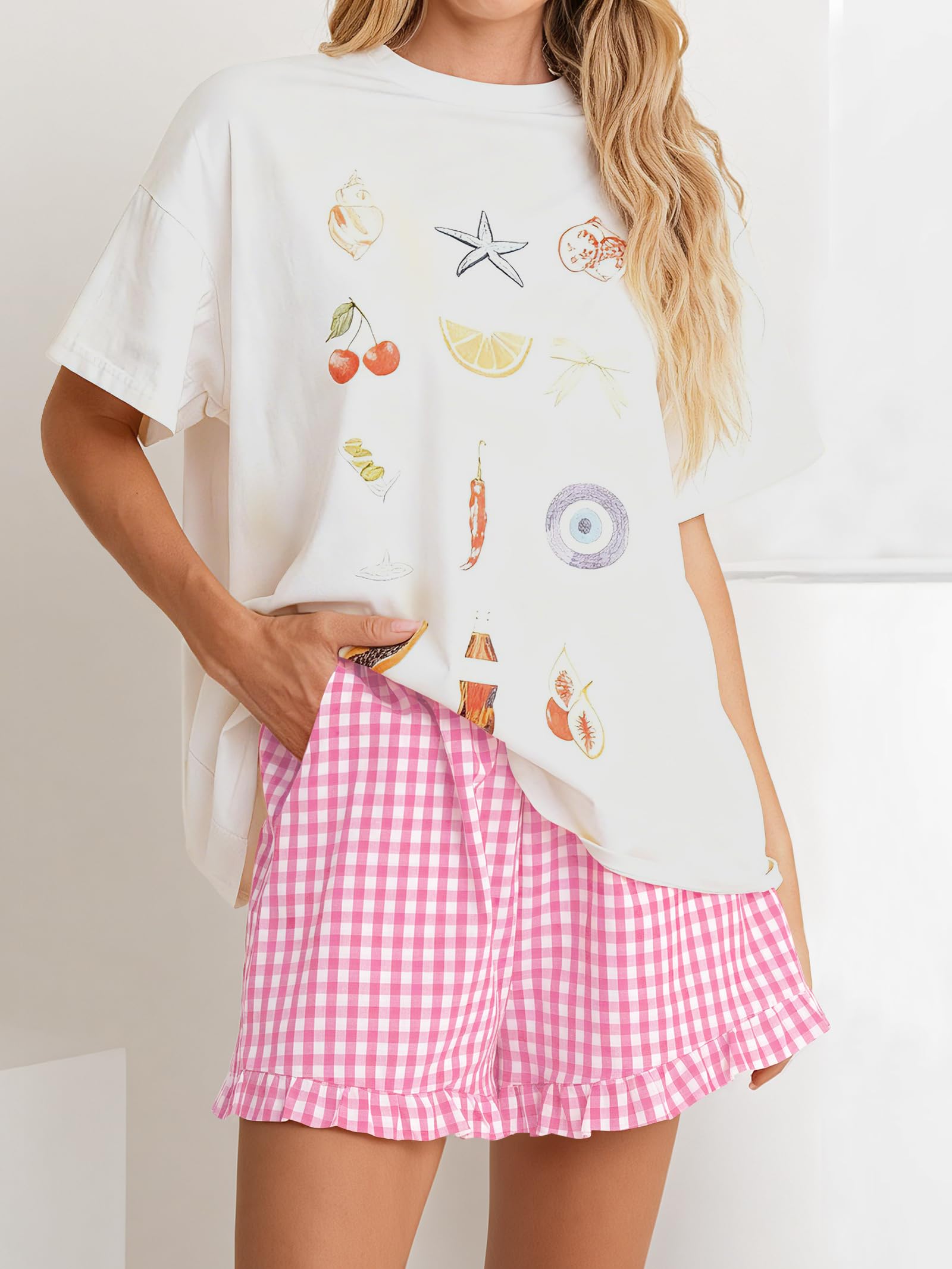 ANRABESS Womens Ruffle Boxer Shorts Pajama Gingham Shorts Summer Casual Lounge Sleep Plaid Beach Bottoms Pockets 2026 Trendy