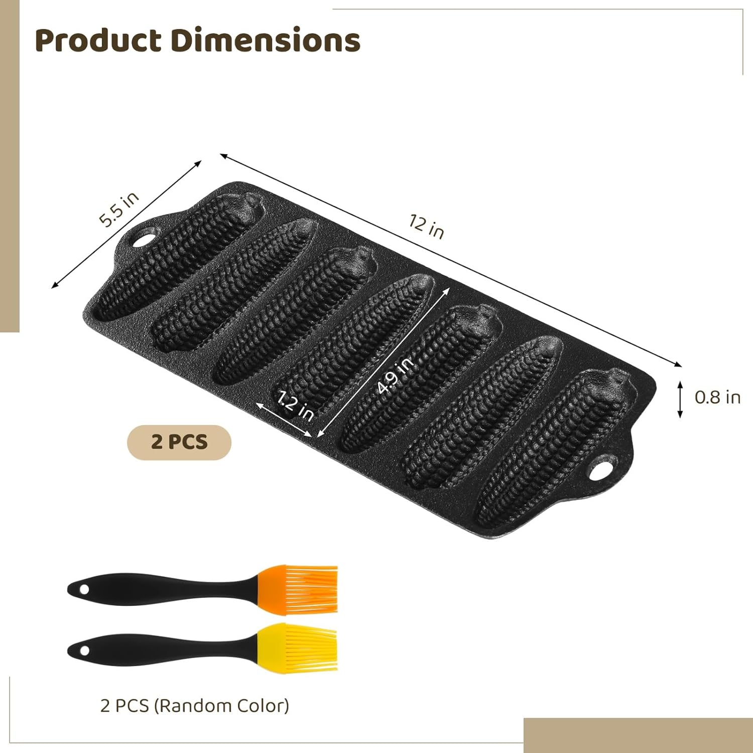 2 PCS Cast Iron Corn Stick Pans, Cornbread Mold with 7 Corn-Shaped Cavities, Pre-Seasoned Cornbread Pans with 2 Silicone Oil Brushes, Baking Pan for Oven Stove Induction Grill Campfire