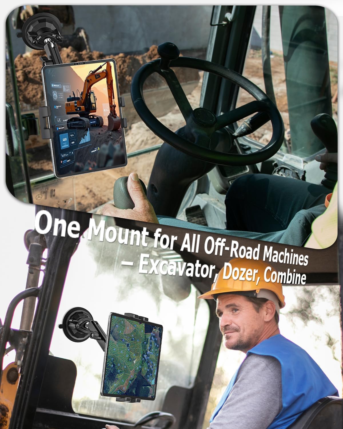 Tractor Tablet Holder Suction, Ultra-Durable Metal Tablet Mount for Car Excavator Bulldozer with Aluminum Arm, Windshield Window Dashboard Mount for Tablets & Phones, iPad, Galaxy Tab, iPhone
