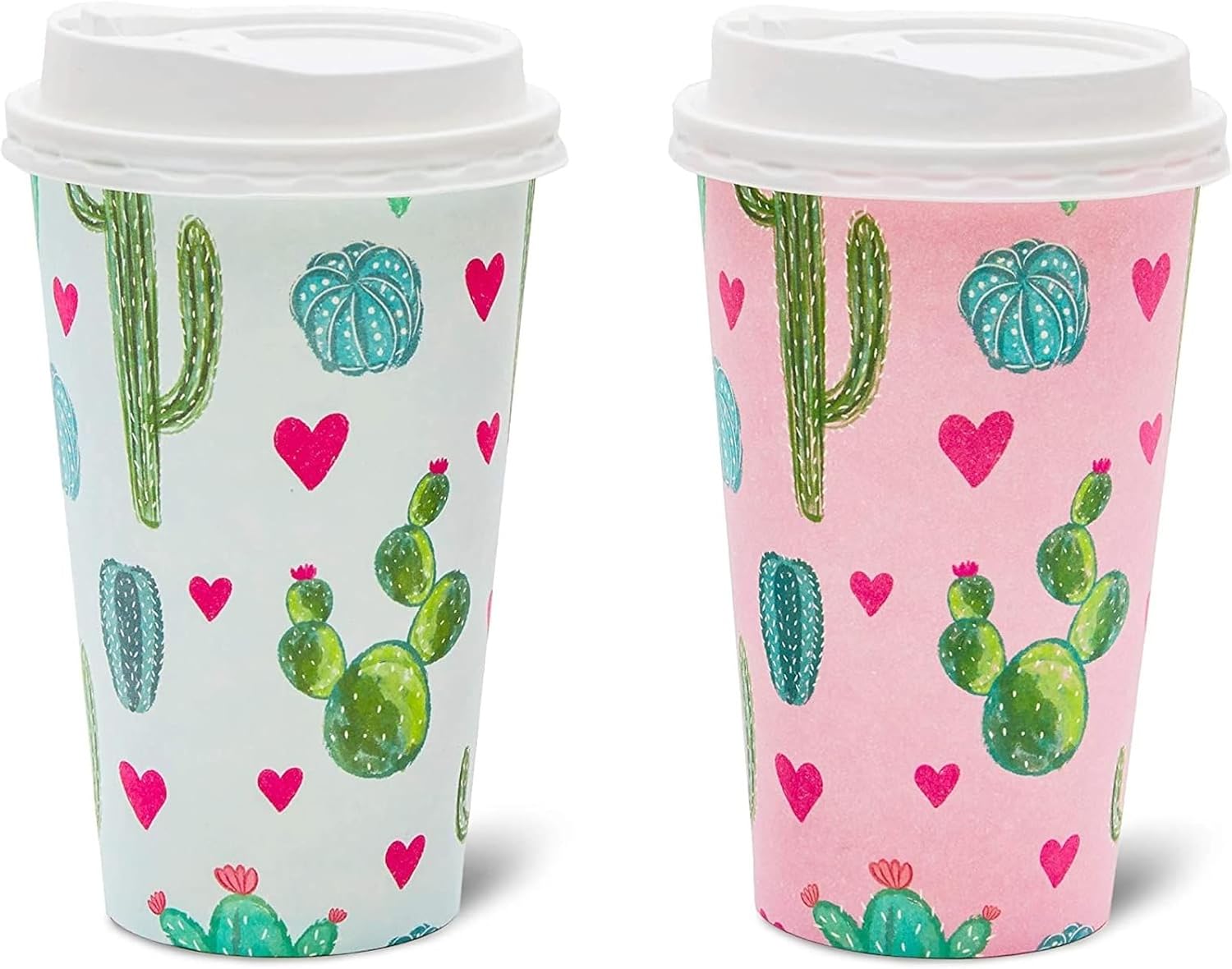 BLUE PANDA Disposable Paper Coffee Cups with Lids - Cactus & Hearts Design To Go Disposable Cups - 16 Oz, Pack of 48