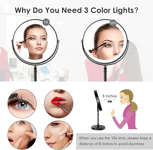 Miniatura 4 de Espejo de maquillaje iluminado, 3000 mAh recargable, espejo de tocador de doble cara con aumento de 3 colores, 1x/10x, rotación de 360°, brillo