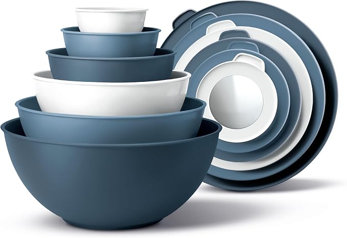 COOK WITH COLOR Mixing Bowls with Lids - 12 Piece Plastic Nesting Bowls Set includes 6 Prep Bowls and 6 Lids, Microwave Safe Mixing Bowl Set, Sage Embossed