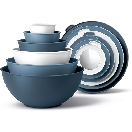 COOK WITH COLOR Mixing Bowls with Lids - 12 Piece Plastic Nesting Bowls Set includes 6 Prep Bowls, Microwave Safe Mixing Bowl Set, Blue and White TPR Lids
