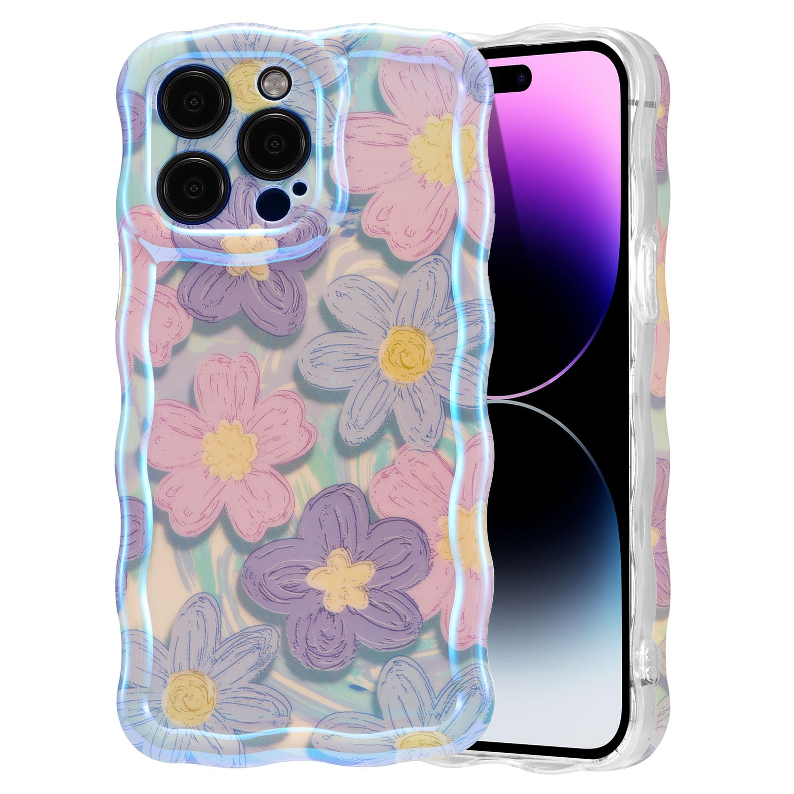 EYZUTAK Case for iPhone 15, Colorful Retro Oil Painting Flower Laser Beam Glossy Pattern Cute Curly Waves Border Exquisite Phone Cover Stylish Durable Soft TPU Protective Case for Girls Women - Green — view 15
