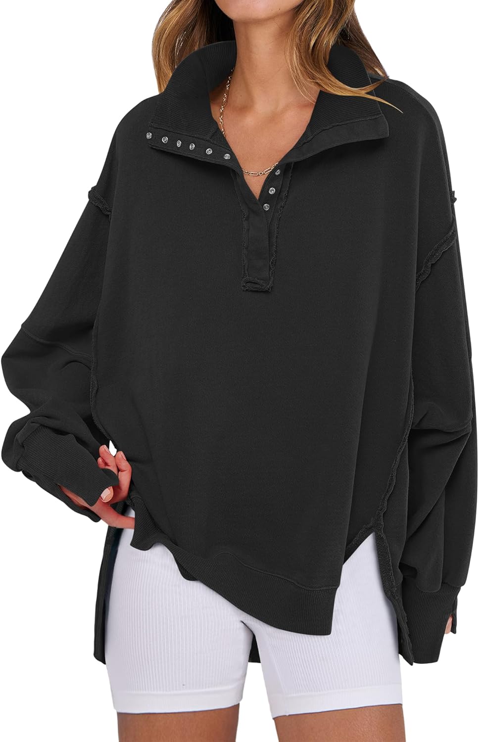 ANRABESS Women's Sweatshirts Oversized Casual Loose Button Up Henley Pullover Top High Low Split 2025 Fall Fashion Outfits