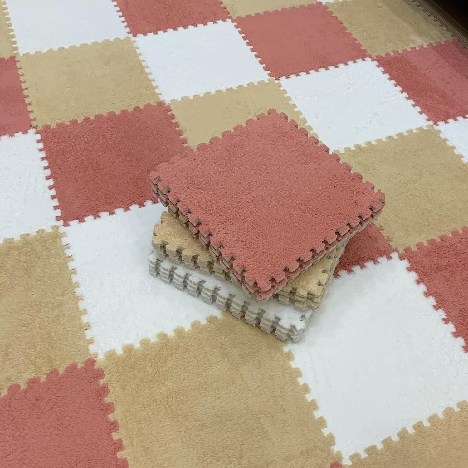Interlocking Square Foam Tiles 12x12x0.4in Thickened Plush Puzzle Foam Floor Mat Shaggy Play Carpet Mats(Red+Apricot+White,30pcs)
