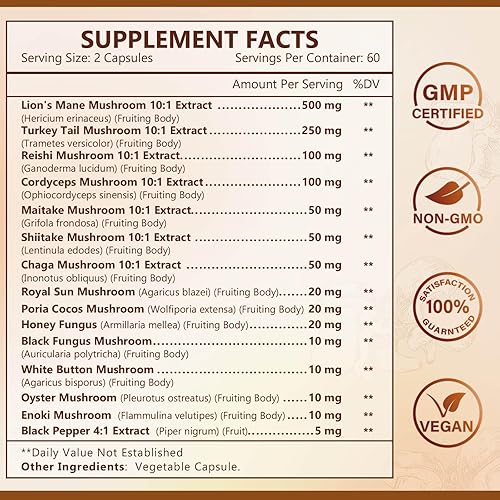 Miniatura 2 de NATURE TARGET Suplemento de hongos, complejo de hongos con melena de león, cola de pavo, reishi, cordyceps, shiitake, hongos 14 en 1 para memoria y