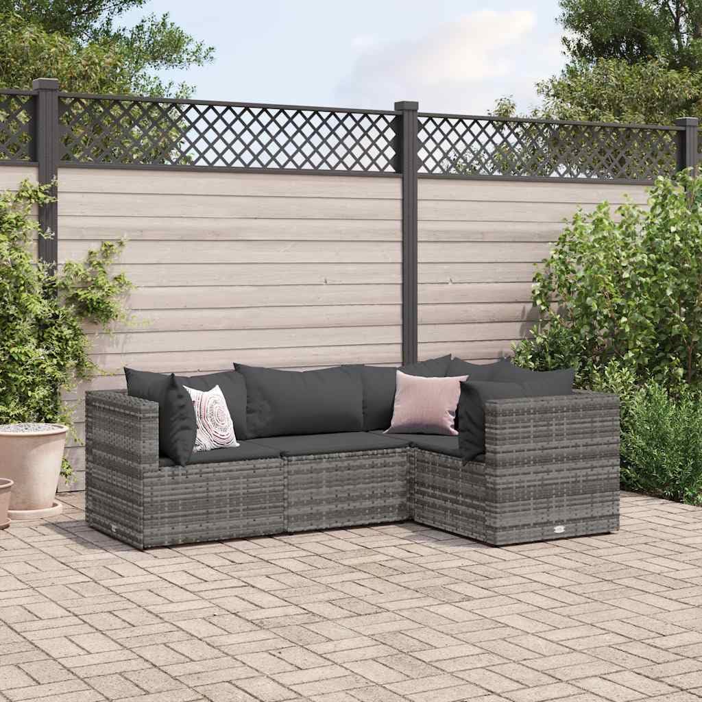 4-Piece Modular Patio Lounge Set Grey PE Rattan with Powder-Coated Steel Frame and 100% Polyester Cushions for Outdoor Relaxation and Socializing in Garden Terrace Backyard
