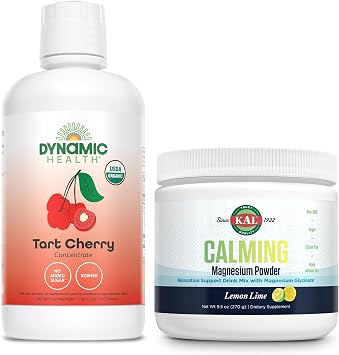 Dynamic Health Organic Tart Cherry and KAL Calming Magnesium Powder - Unsweetened 100% Juice Concentrate and Lemon Lime Flavor Magnesium Supplement - 31 Servings, 32oz and 40 Servings, 9.5 OZ