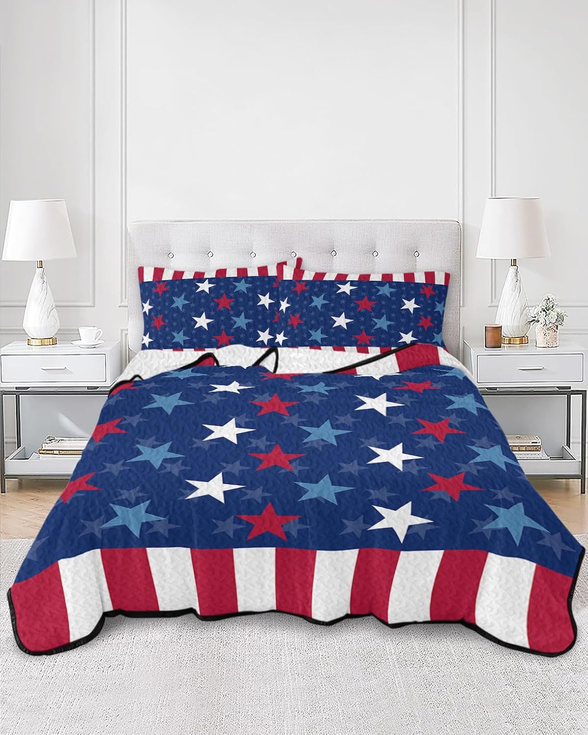 King Size Quilt Set, Independence Day Blue Star Lightweight Bedspread Coverlet Set Summer Quilt with 2 Pillow Shams, Patriotic Stars White Stripes 4th of July 3 Piece Comforter Bedding Set