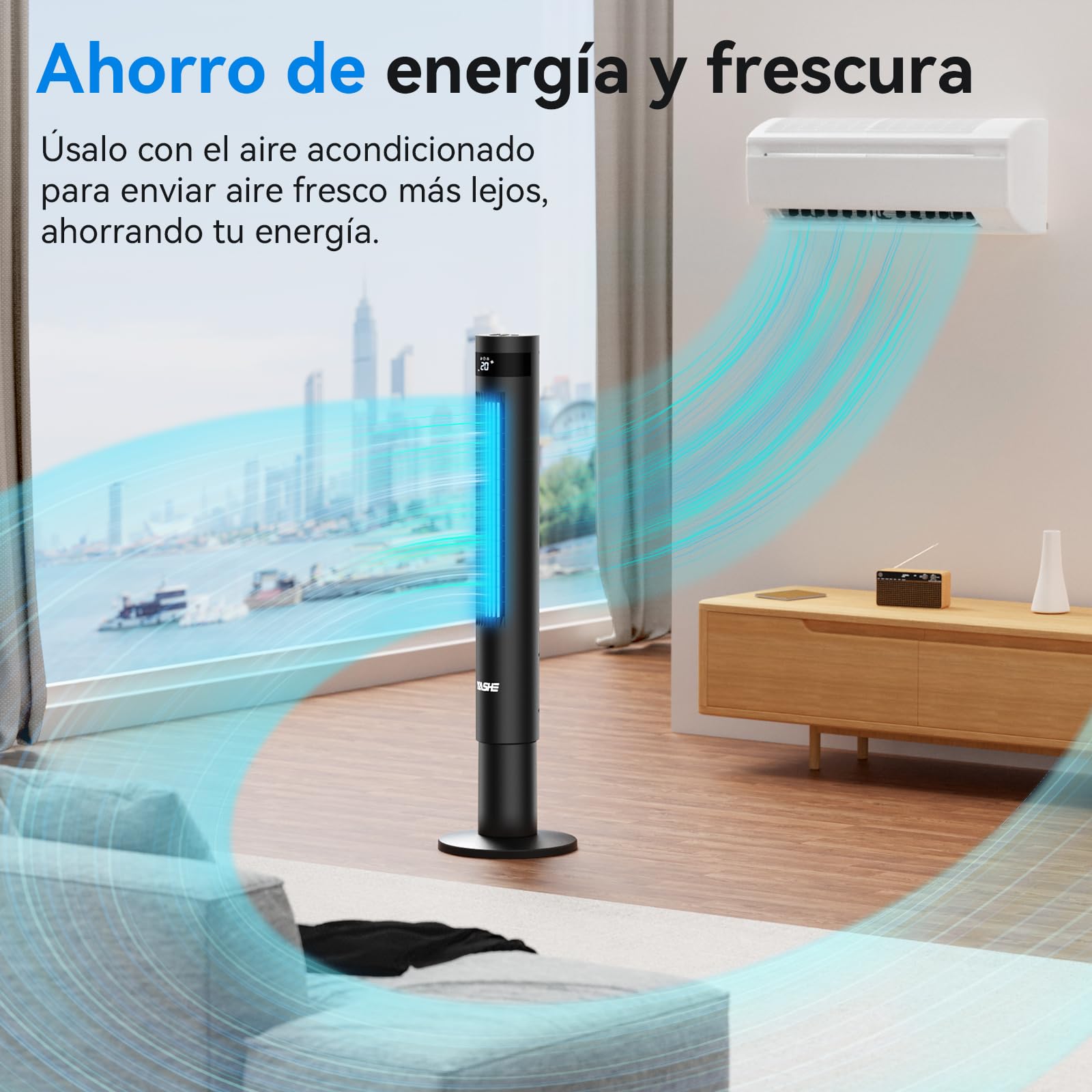 YASHE 43 '' Columna Ventilador, Columna Silenciosa 28dB, Aire Acondicionado Oscilante a 85° con Torre, Mando a Distancia, Temporizador 12h, 3 Velocidades 3 Modos de Viento