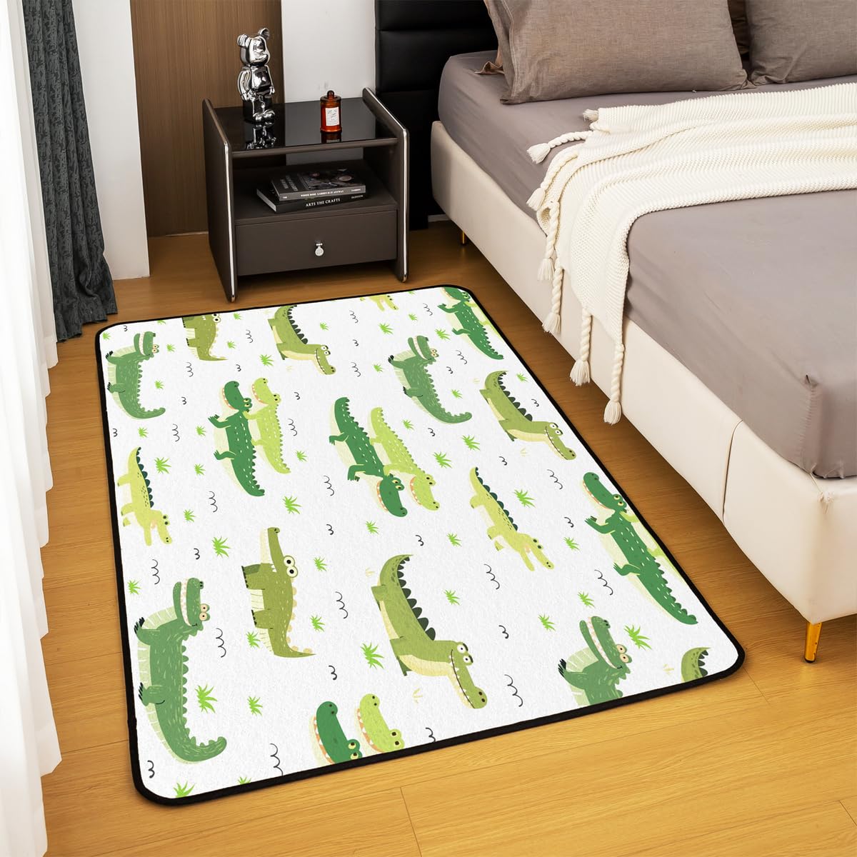 Homewish Krokodil Teppich 100x150 Gras Kinder Jungen Mädchen Jugendliche Teppich Wohnzimmer Hand Gezeichnete Cartoon Crocodile Einfach Carpet Niedliche Grüne Krokodile Grasland Stilvoll Rug