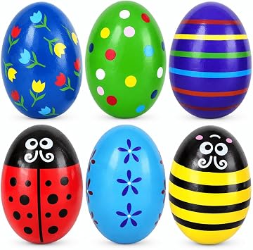 Chochkees 6-Pack Large Smooth Painted Wooden Easter Eggs Shakers with Rattle, Precussion Wooden Egg Shakers Maracas Perfect for Easter Crafts, Decor and Egg Hunts in Carton, 2.7" Inches