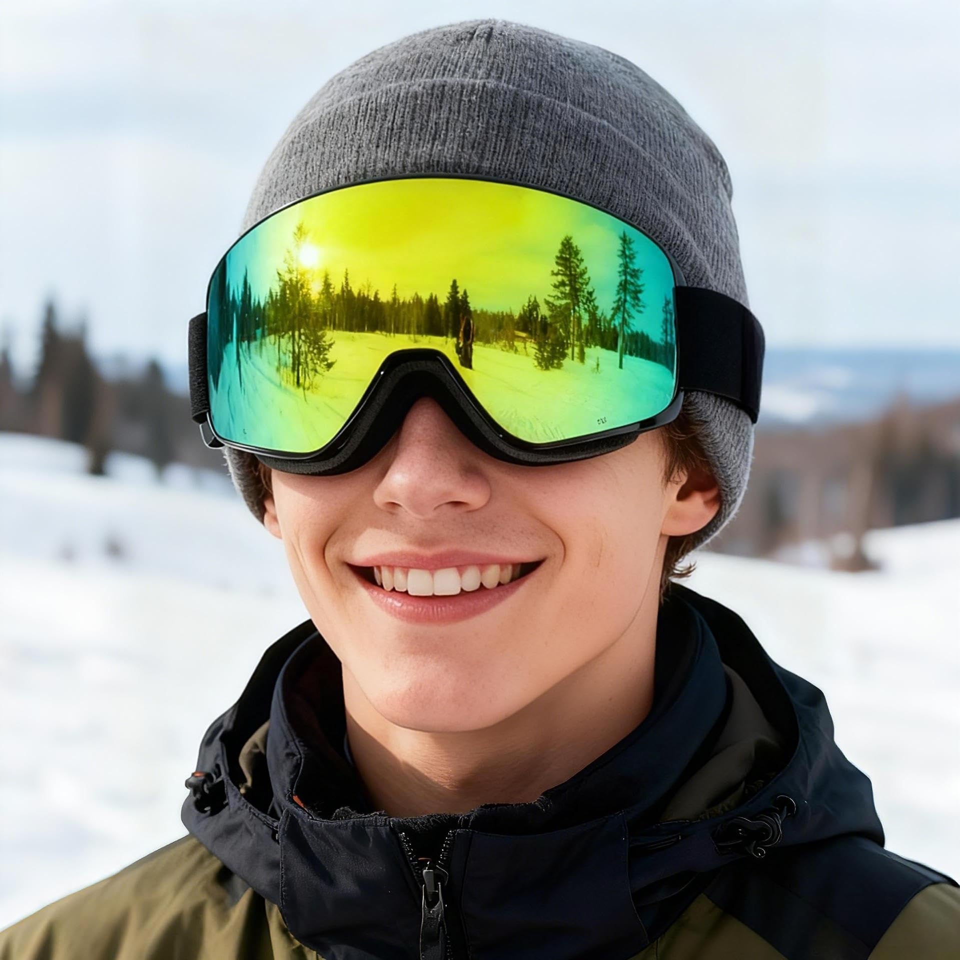 Lunettes de ski,Masque de Ski,YH212 OTG Magnétique Masque Lunettes de Ski pour Hommes Femmes Jeunes,Anti-UV, Anti-Buée Sangle réglable