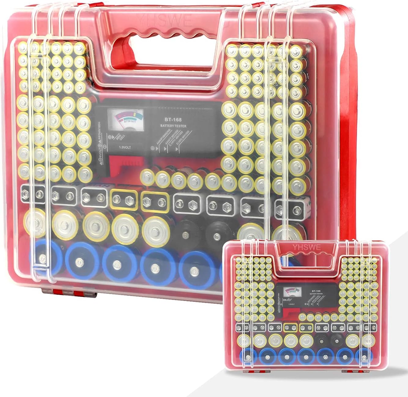 230+ Battery Caddy Organizer Storage Box AA AAA C D 9V Waterproof Double-Sided Battery Container Holder with Tester(Red)