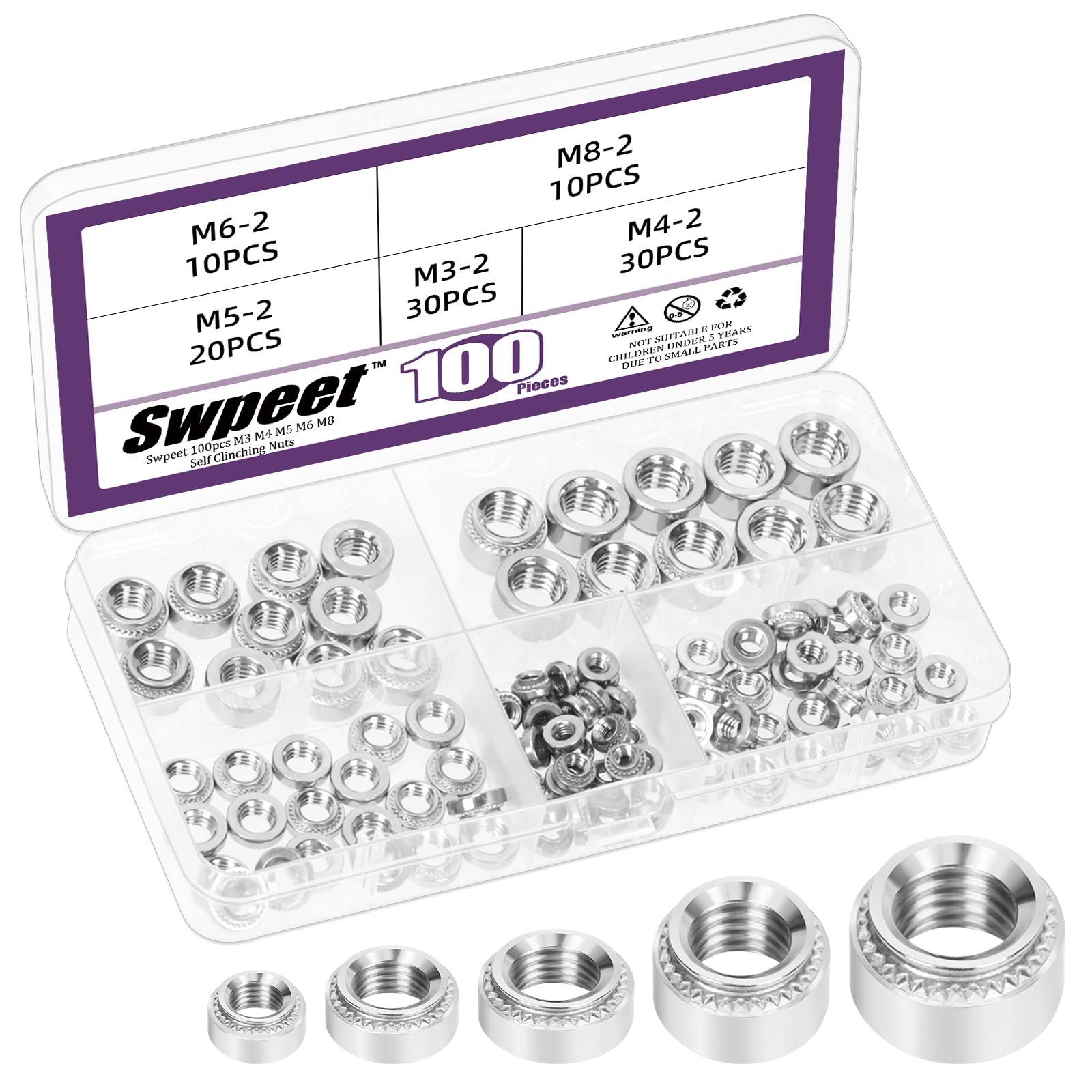 Swpeet 100Pcs 5 Sizes M3 M4 M5 M6 M8 Silver 304 Stainless Steel Knurled Self Clinching Nuts Assortment Kit