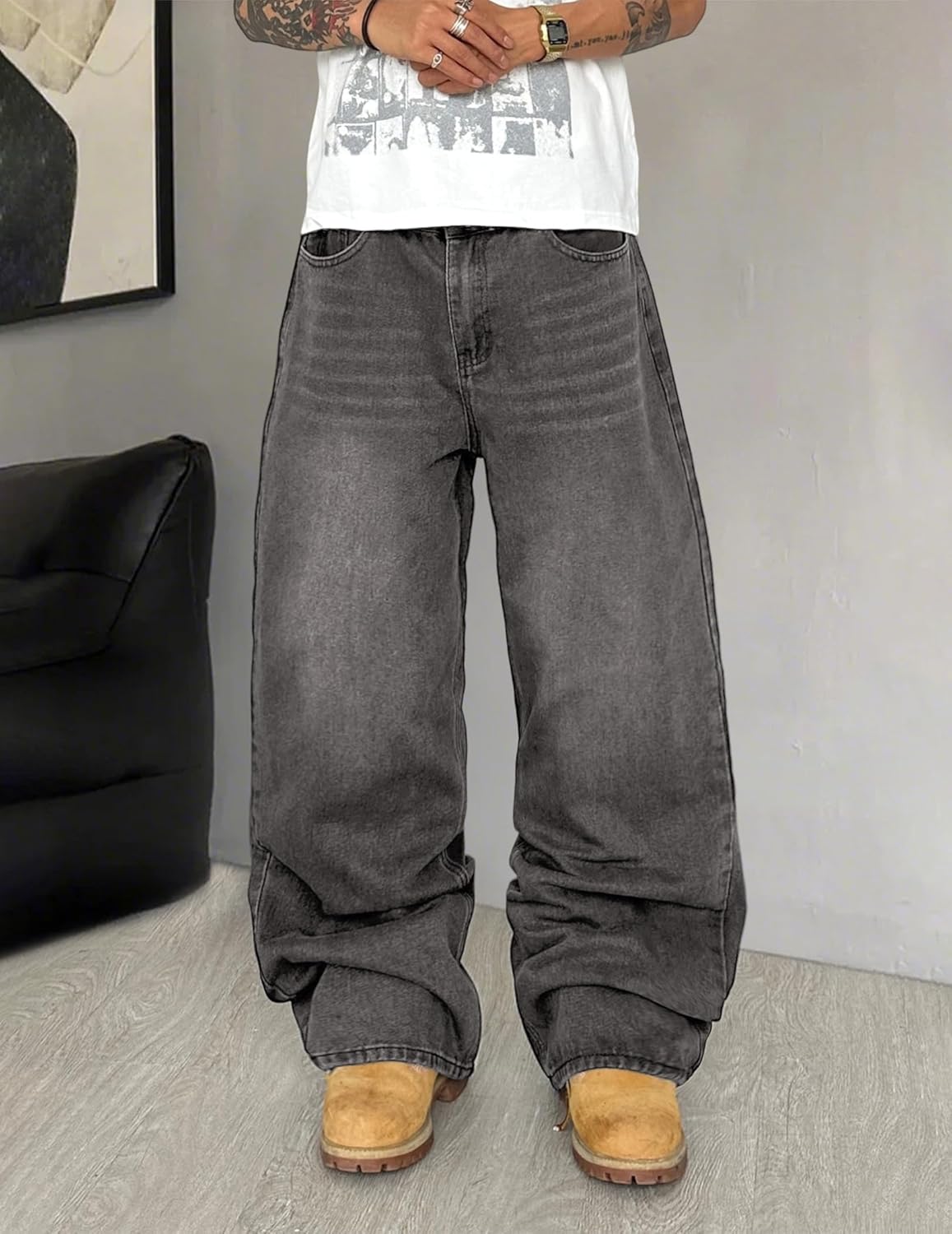 Mens Wide Leg Jeans Super Baggy Pants Y2k Loose Fit Denim Jeans Skater Trousers Streetwear - Image 5