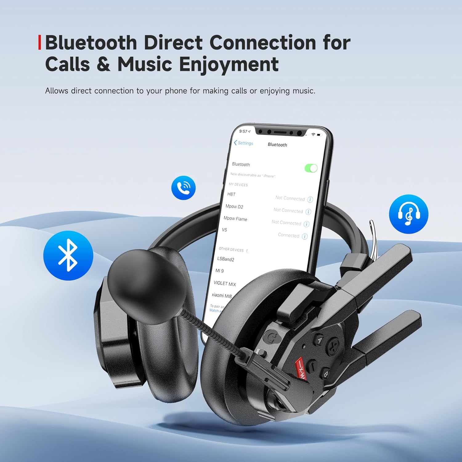 The SYNCO XMax2 headset connected via Bluetooth to a smartphone, showing options for calls and music.