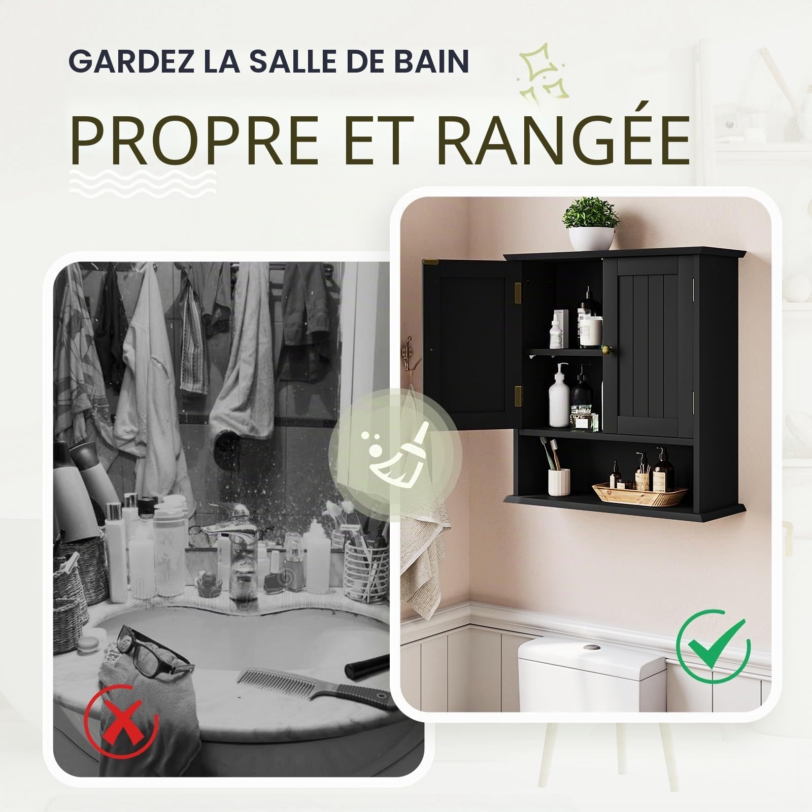 Smuxee Armoire de Toilette Murale Noire pour Petit Espace - Meuble Salle de Bain Suspendu avec 2 Portes et Étagères Réglables - Range-Toilette Étanche pour WC, Buanderie et Cuisine