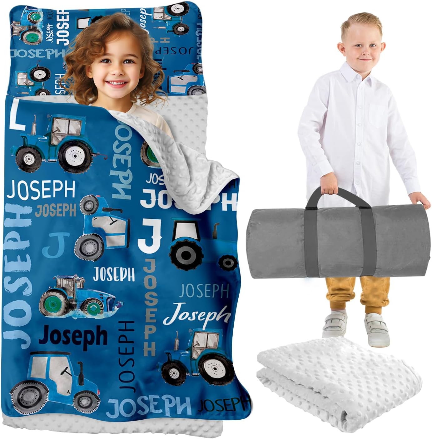 Custom Toddler Nap Mat for Preschool, Personalized Name with Tractors Sleep Mats for Kids Daycare, Roll Up Sleeping Bag with Pillow & Dotted Back Blanket for 2-15 Years Boys Girls