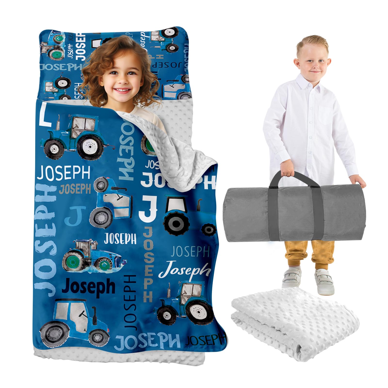 Custom Toddler Nap Mat for Preschool, Personalized Name with Tractors Sleep Mats for Kids Daycare, Roll Up Sleeping Bag with Pillow & Dotted Back Blanket for 2-15 Years Boys Girls Blue