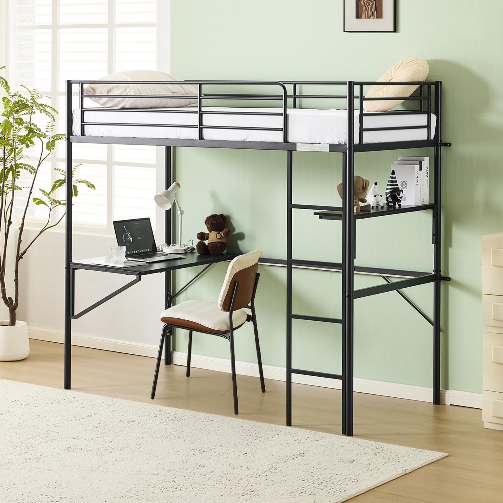 Bonnlo Loft Bunk Bed with Desk, Non-Slip Straight Ladder Single Loft Bed with Outlet and LED Light Strip, Multifunctional Metal Bed Frame Raised for Kids, Teens and Adults, Black
