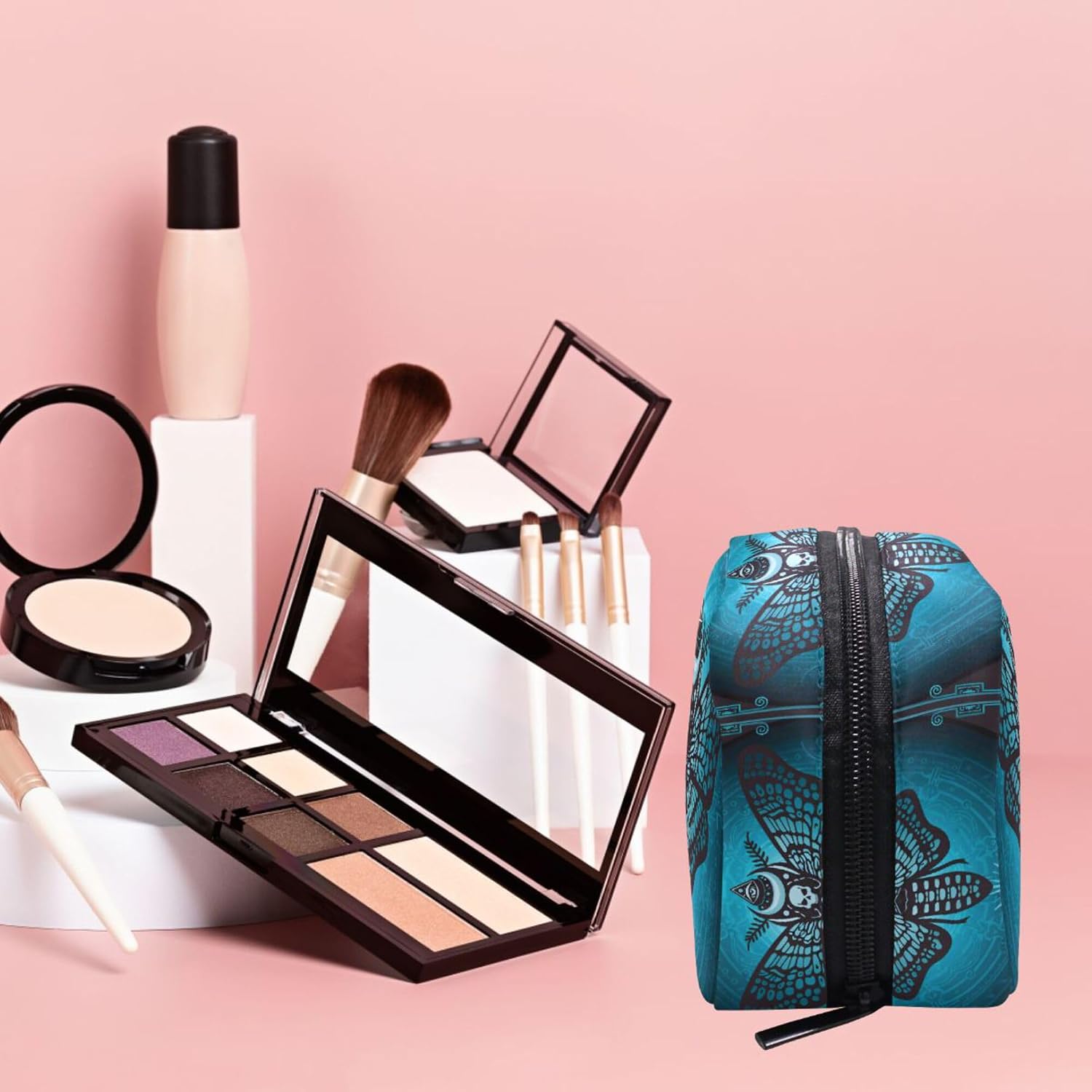 MNSRUU Small Cosmetic Bag for Girl Women Travel, Skull Butterfly Makeup Toiletry Organizer Bags with Compartments image 4