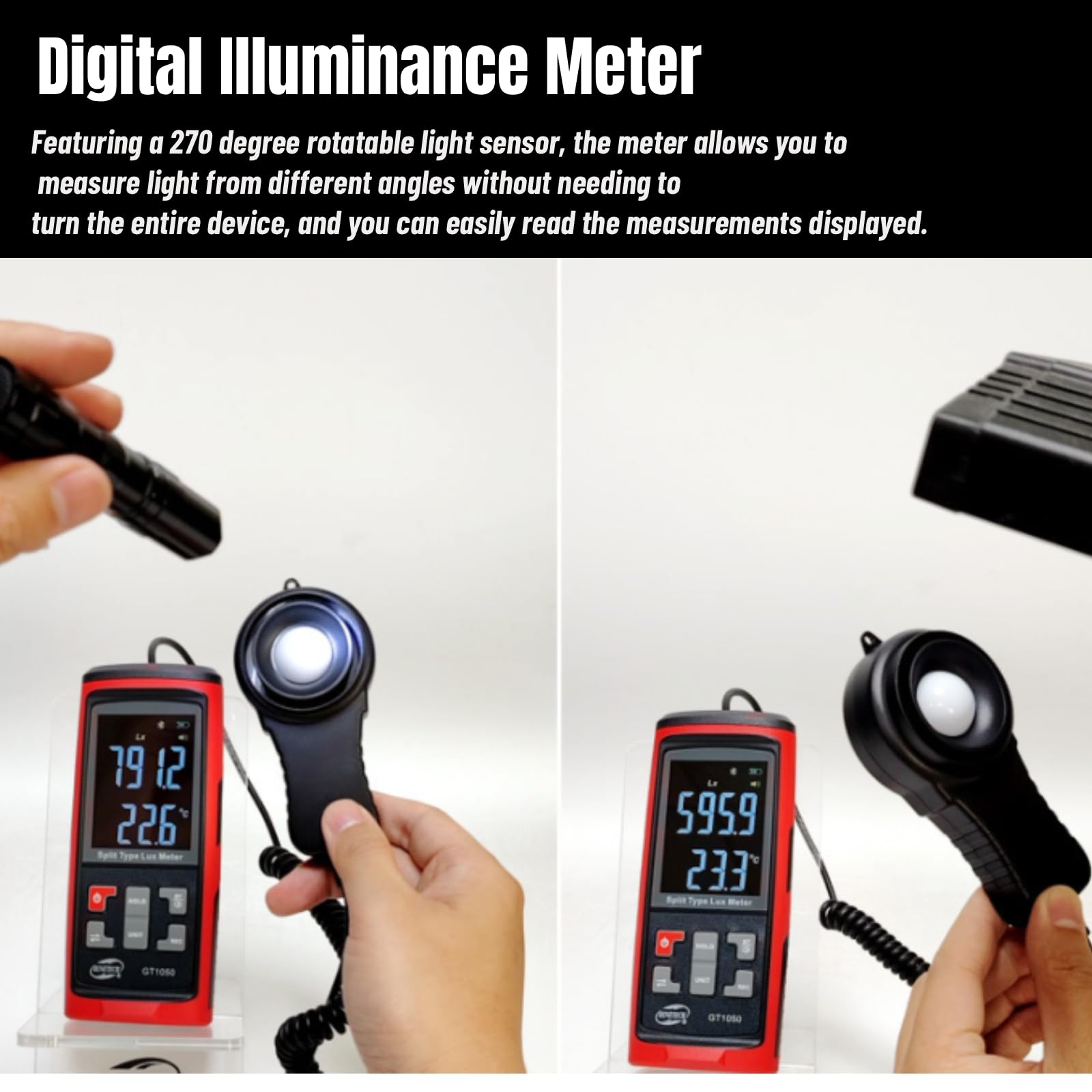LuxmèTre NuméRique, Mesureur De LumièRe PhotomèTre D'éClairement avec Capteur Rotatif à 270 DegréS, 0-200,000 Lux Luxmetre Mesureur De TempéRature Ambiante Mètre d'intensité Lumineuse