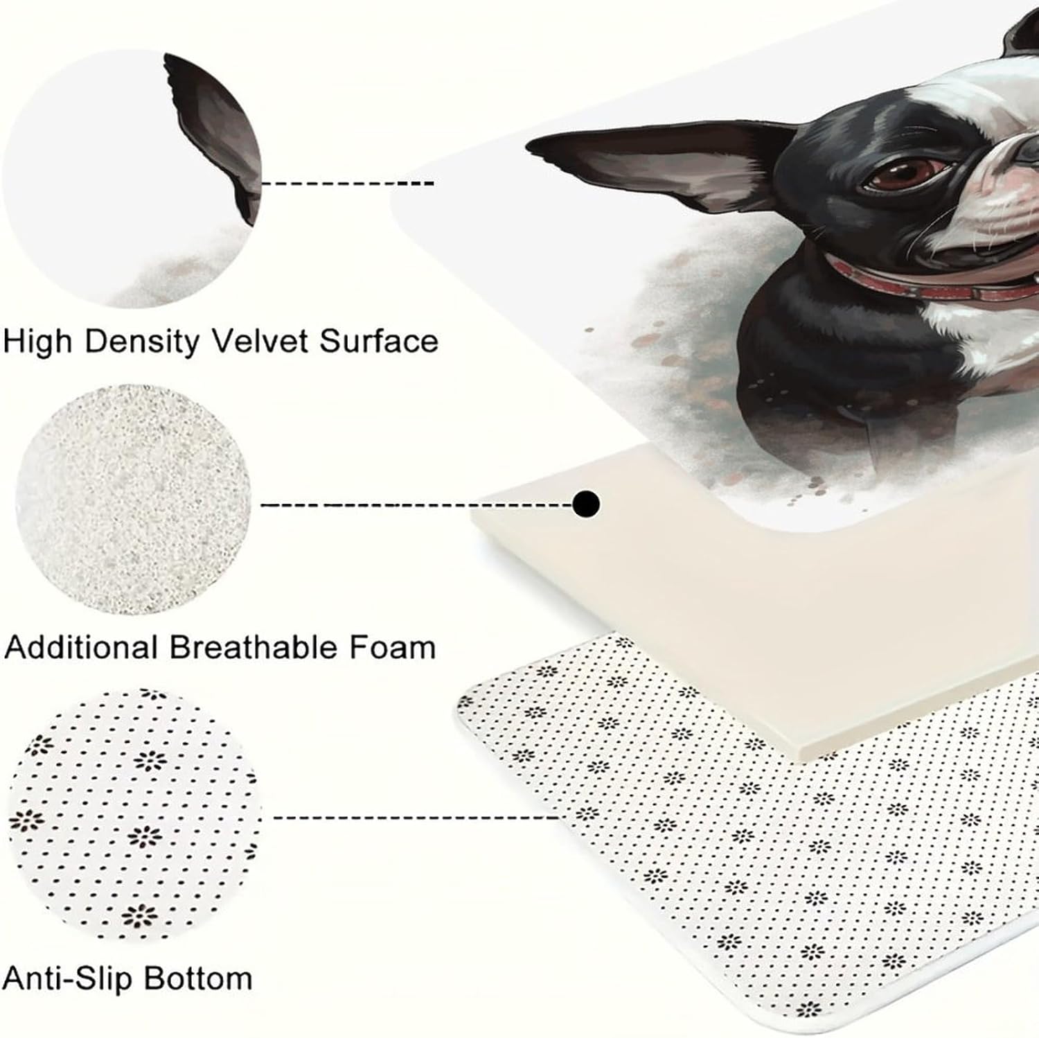 Boston Terrier Kitchen Mat Washable Non Slip Rugs Soft Kitchen Mats for Floor Set of 2 PCS Cushioned Absorbent Runner Standing Rugs for Home Sink Laundry Office