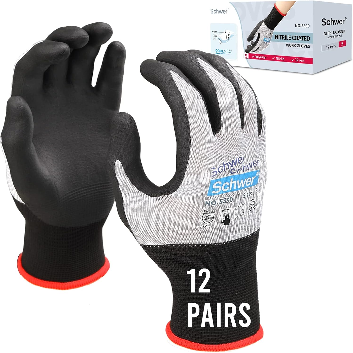 Schwer 12 Pairs Lite Work Gloves Micro-Foam Nitrile Coated MN5330 Touch Screen, Water and Oil Resistant, CoolMax Technology Dries 5x Faster Than Cotton Gloves, Ideal for Automotive (XL)