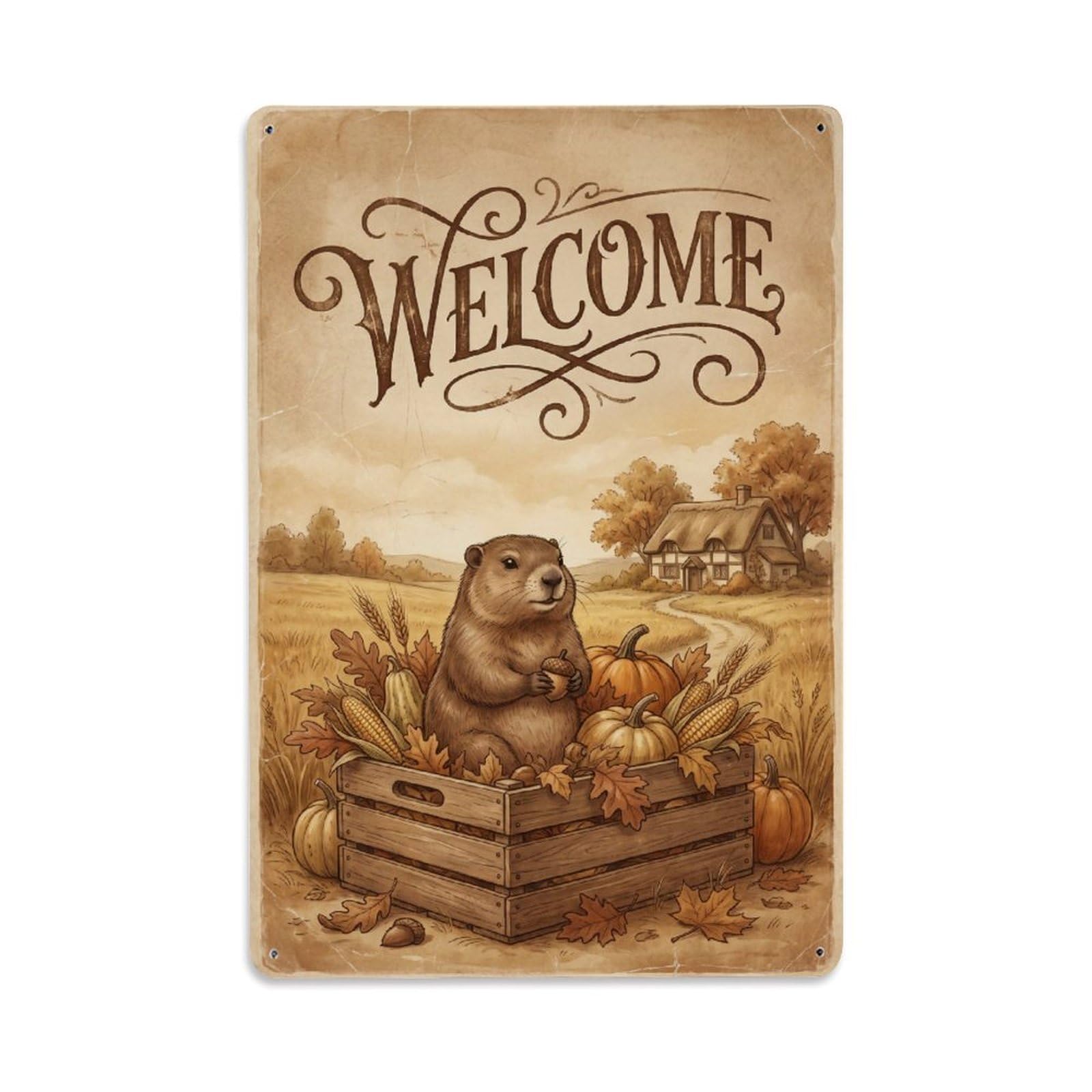Vintage Welcome Groundhog Countryside Metal Tin Sign