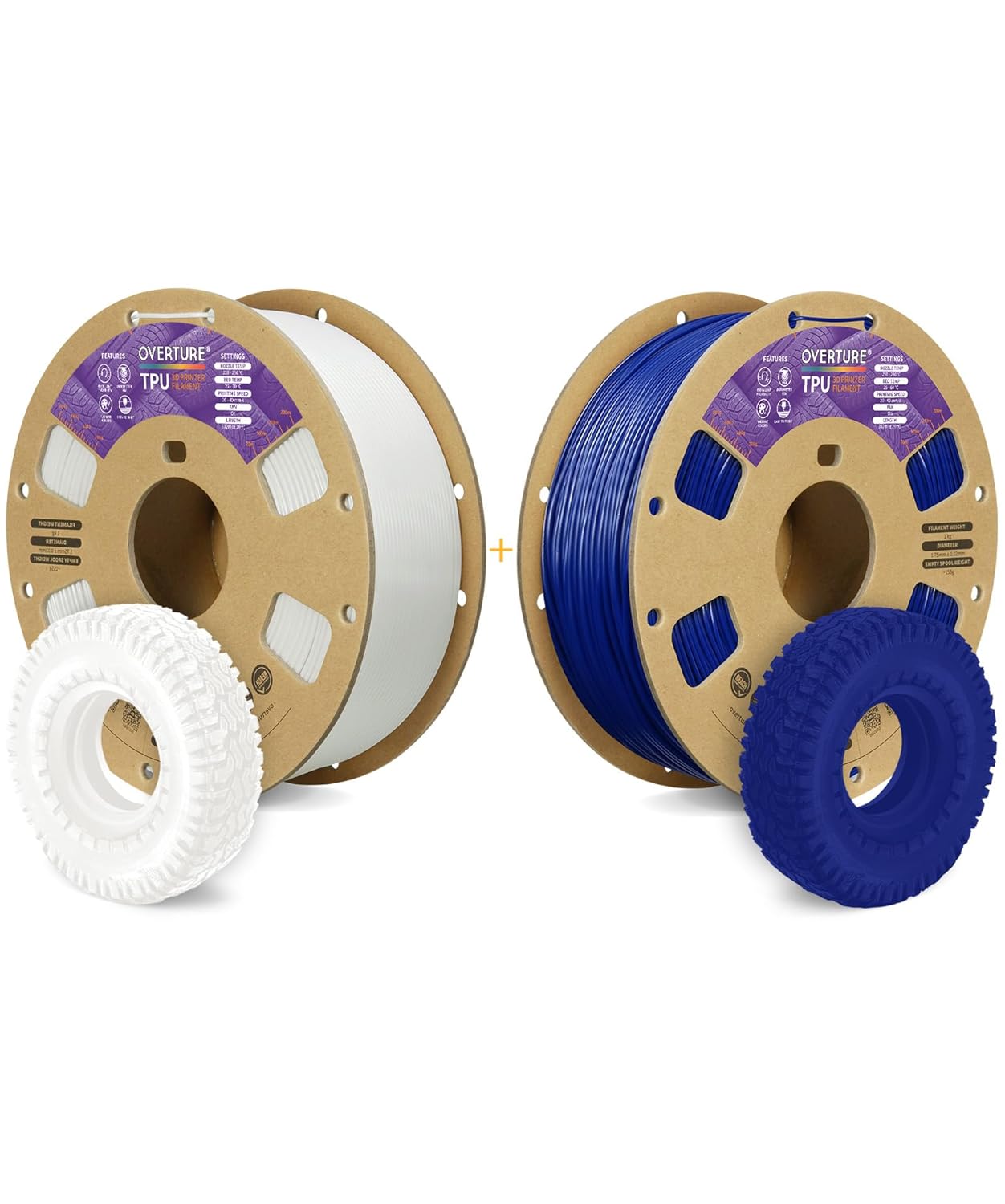 OVERTURE 3D Printer Filament 2kg, TPU, 1.75mm, 1kg per Spool, Pack of 2, White+Blue