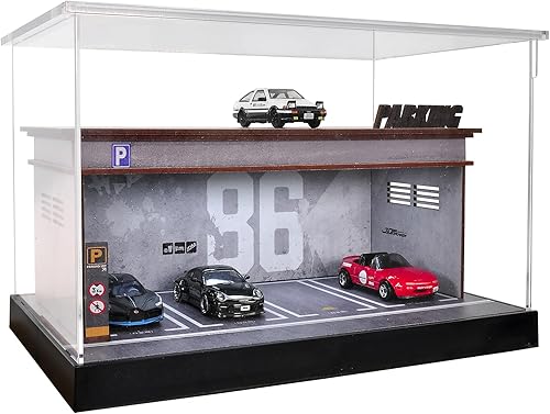 Vitrina a escala 1/64 Diecast Parking Garage Moldel 2 neumáticos modelo de luz LED Estuche de exhibición de coches 7 plazas de estacionamiento con
