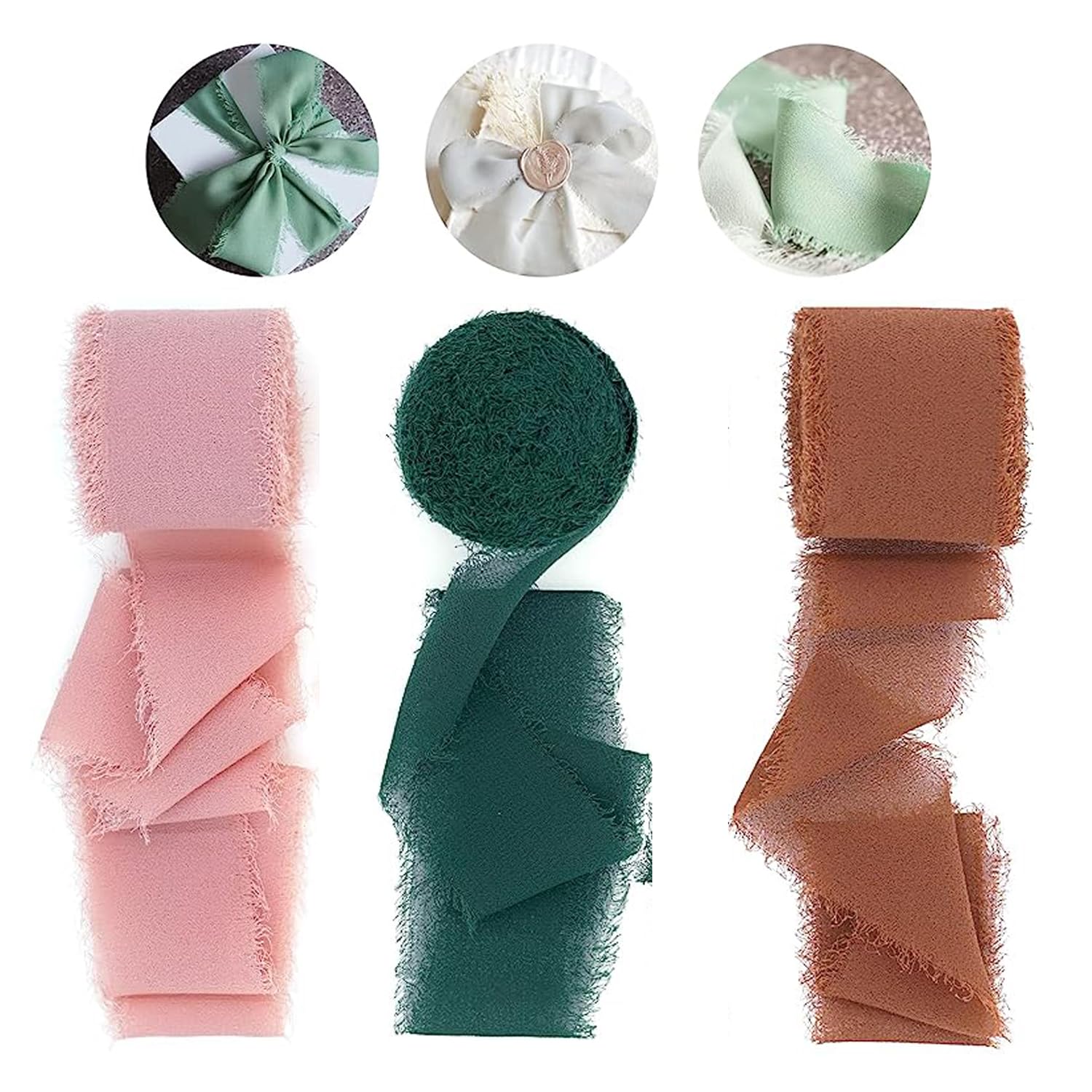 HULUM 3 Rolls Chiffon Ribbon, 1.5” x 5.5 Yd Handmade Fringe Chiffon Silk Ribbon, Pink Champagne Coffee Frayed Edge Ribbons for Wedding/Bridal Bouquets/DIY Crafts/Gift Wrapping (2)