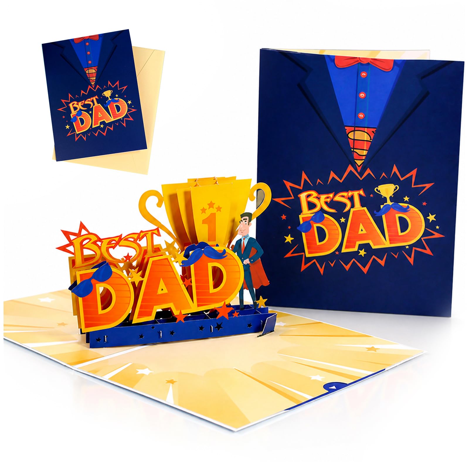 YONEEKSS 3D Fathers Day Pop Up Card, Best Dad Trophy Design, Happy Father's Day Pop-Up Greeting Card with Envelope, Birthday Card for Dad Father Grandad